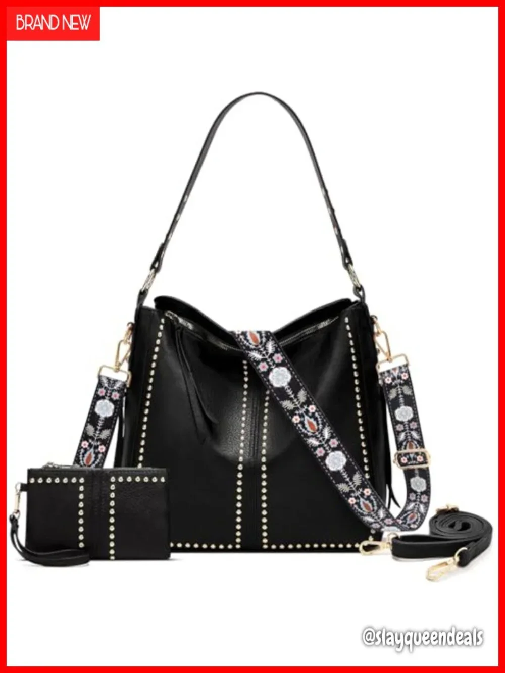 Studded Hobo Purse Set PU Faux Leather Shoulder Bag with Wallet